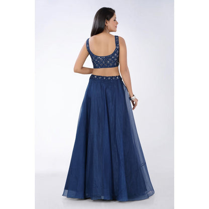Asaga Navy Blue Embroidered Stitched Blouse- Lehenga with Organza Dupatta (Set of 3)