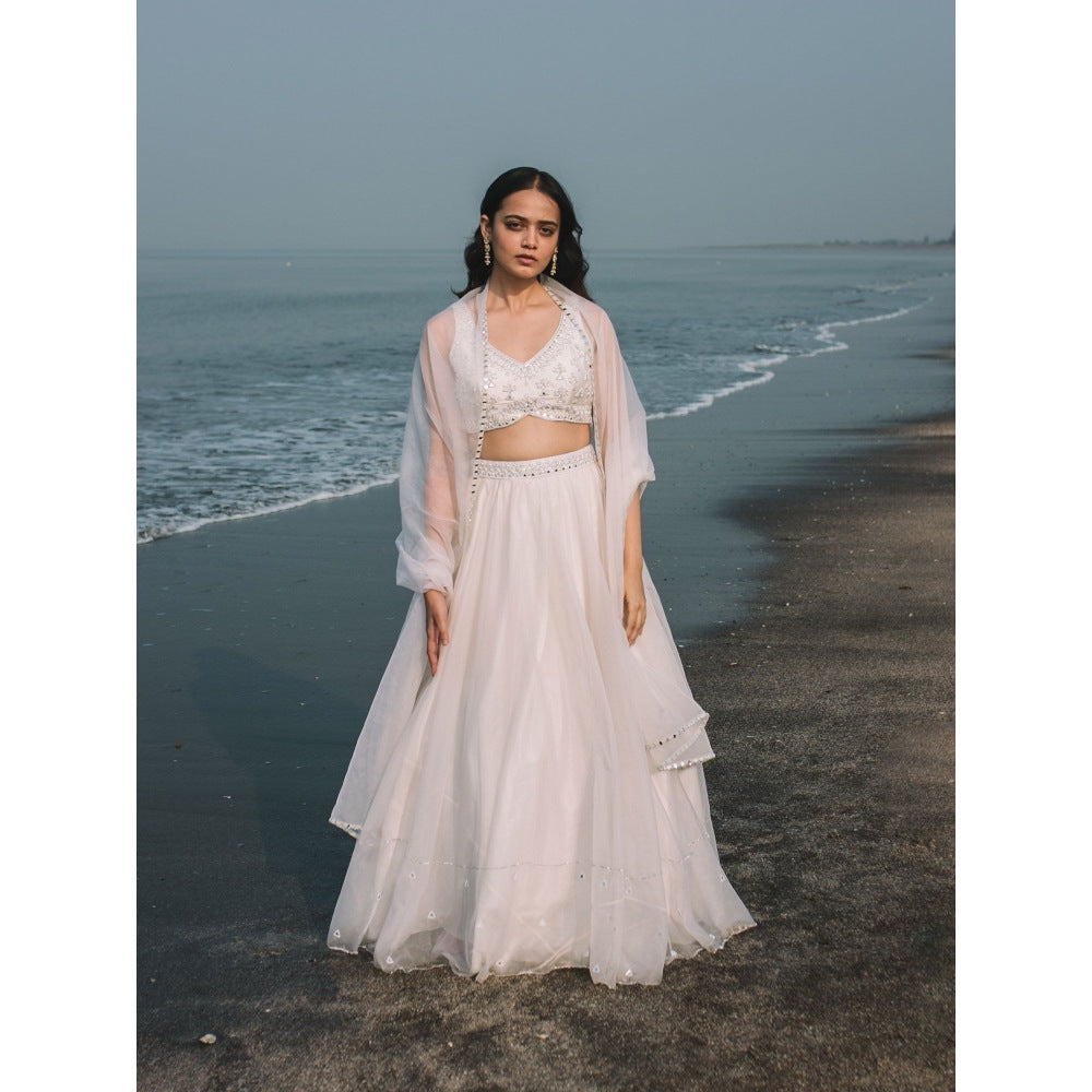 Asaga Ivory Embroidered Stitched Blouse-Lehenga and Organza Dupatta with Belt (Set of 4)