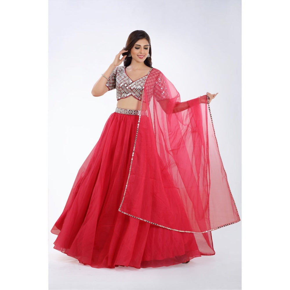 Asaga Rani Embroidered Stitched Blouse-Lehenga with Organza Dupatta (Set of 3)