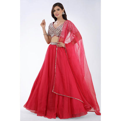 Asaga Rani Embroidered Stitched Blouse-Lehenga with Organza Dupatta (Set of 3)