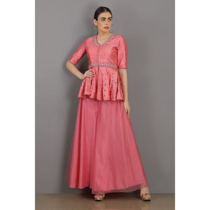 Asaga Candy Pink Embroidered Silk Peplum Top with Organza Sharara (Set of 2)