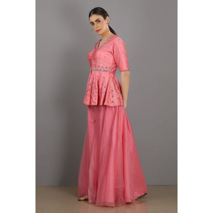 Asaga Candy Pink Embroidered Silk Peplum Top with Organza Sharara (Set of 2)