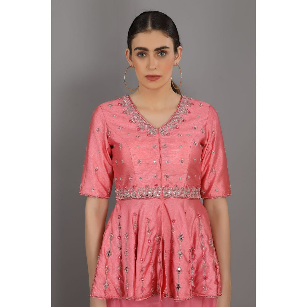 Asaga Candy Pink Embroidered Silk Peplum Top with Organza Sharara (Set of 2)