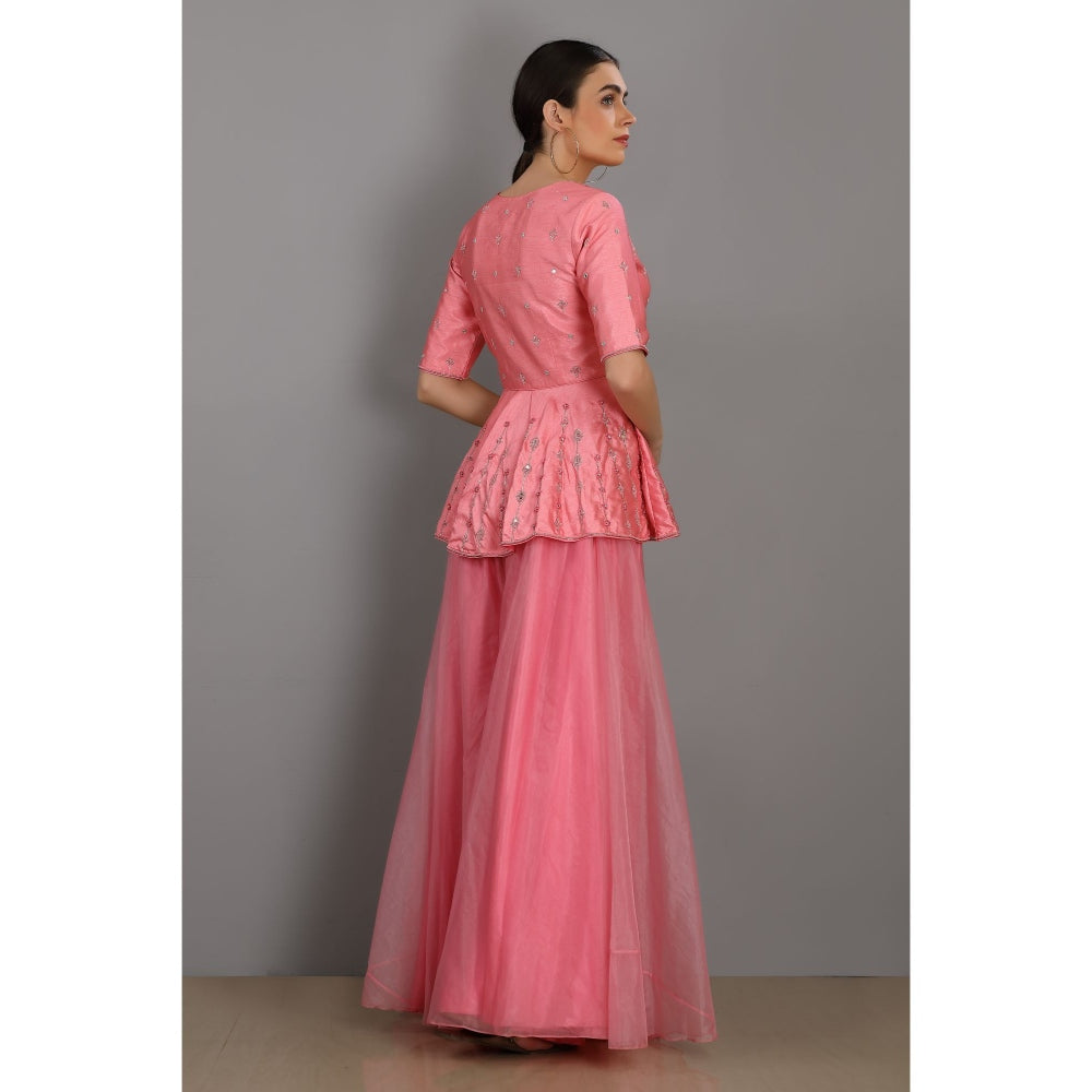 Asaga Candy Pink Embroidered Silk Peplum Top with Organza Sharara (Set of 2)