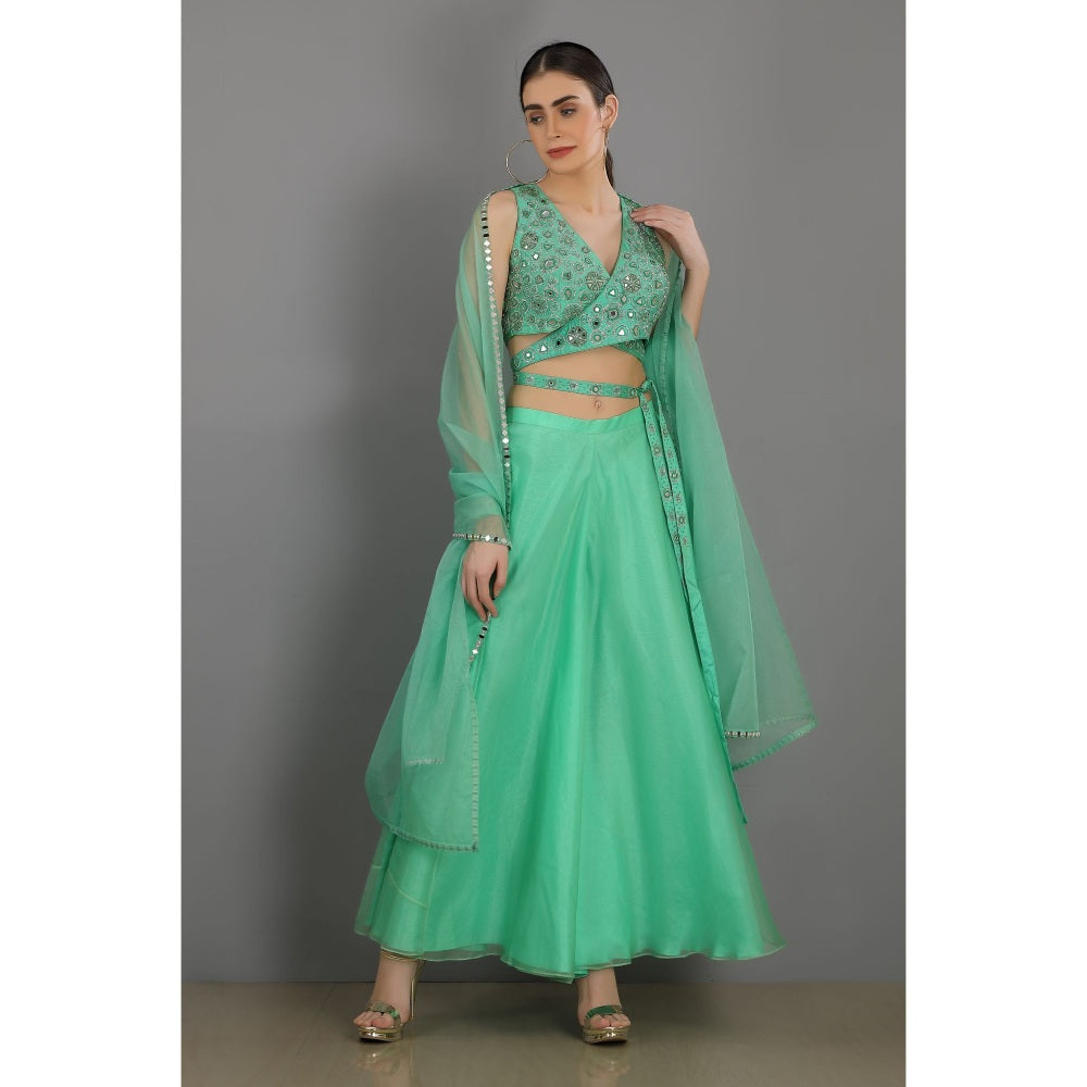 Asaga Mint Embroidered Stitched Blouse with Sharara and Organza Dupatta (Set of 3)