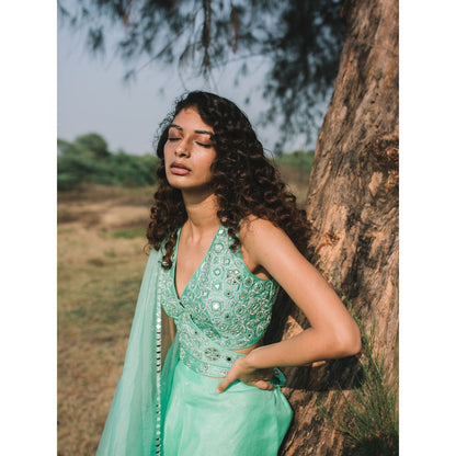 Asaga Mint Embroidered Stitched Blouse with Sharara and Organza Dupatta (Set of 3)