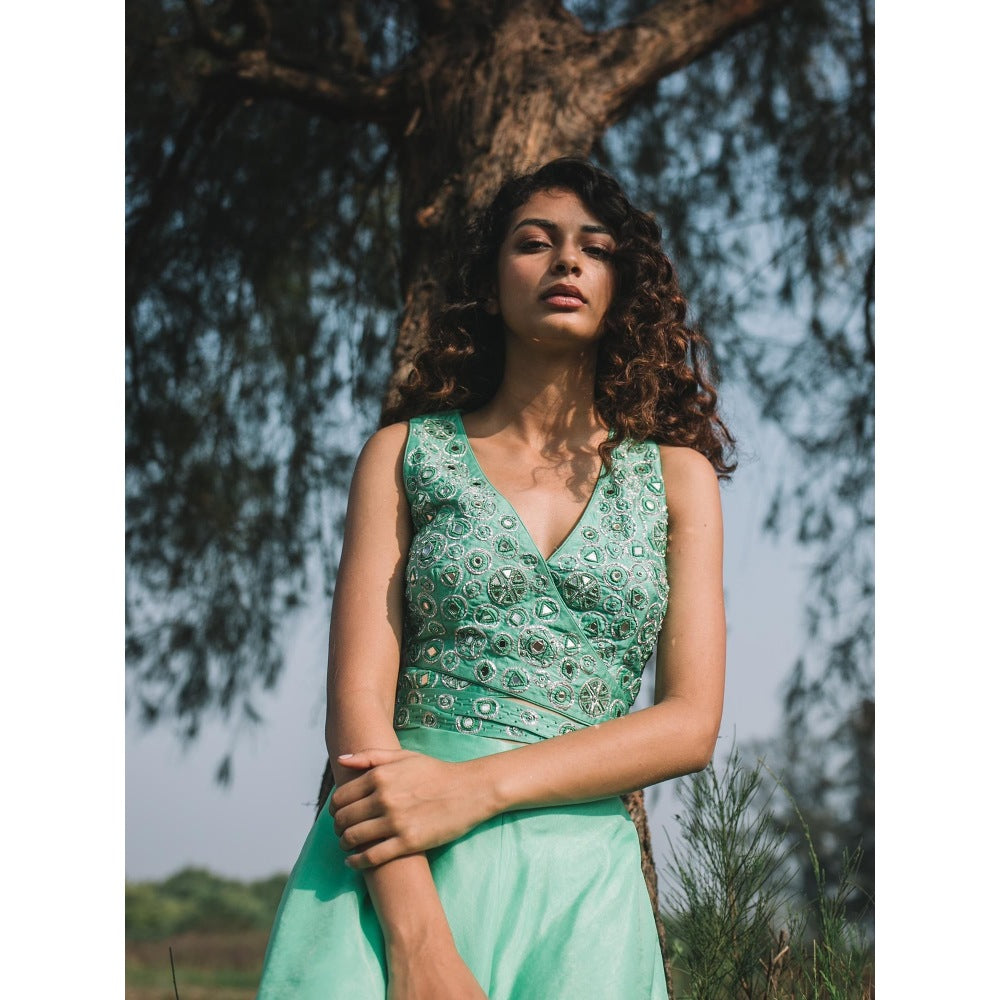 Asaga Mint Embroidered Stitched Blouse with Sharara and Organza Dupatta (Set of 3)