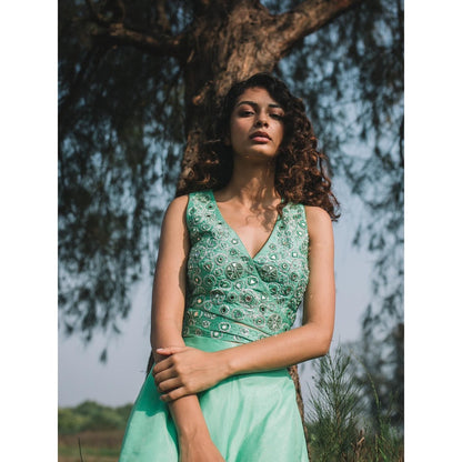 Asaga Mint Embroidered Stitched Blouse with Sharara and Organza Dupatta (Set of 3)