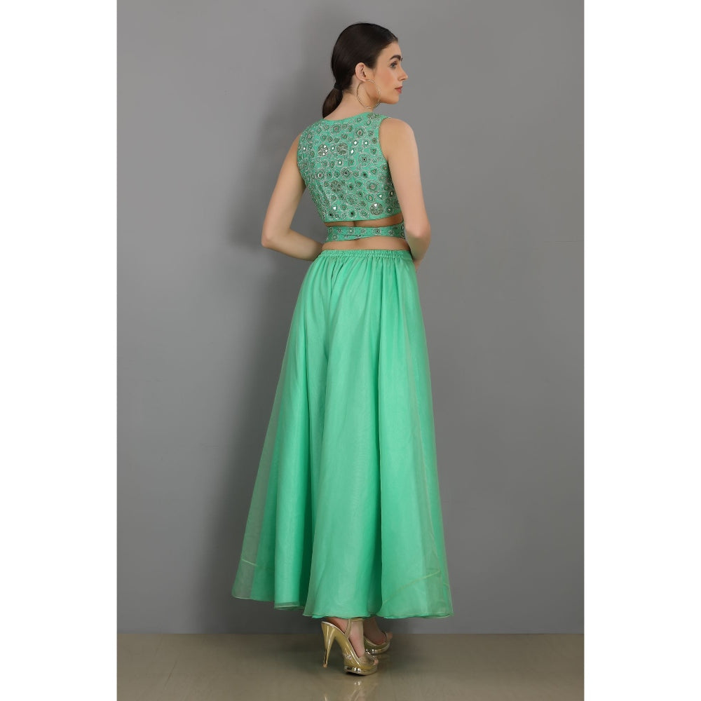 Asaga Mint Embroidered Stitched Blouse with Sharara and Organza Dupatta (Set of 3)