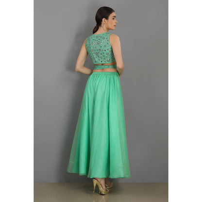 Asaga Mint Embroidered Stitched Blouse with Sharara and Organza Dupatta (Set of 3)