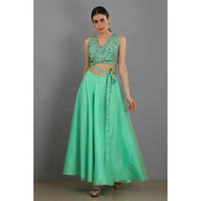 Asaga Mint Embroidered Stitched Blouse with Sharara and Organza Dupatta (Set of 3)