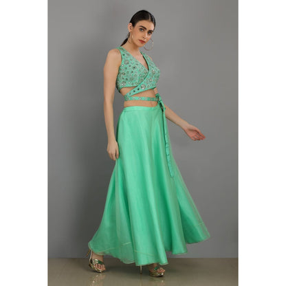 Asaga Mint Embroidered Stitched Blouse with Sharara and Organza Dupatta (Set of 3)