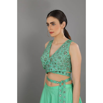 Asaga Mint Embroidered Stitched Blouse with Sharara and Organza Dupatta (Set of 3)