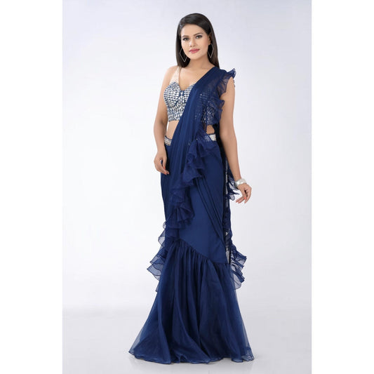 Asaga Navy Blue Embroidered Stitched Blouse Organza Pre Draped Saree with Belt (Set of 4)