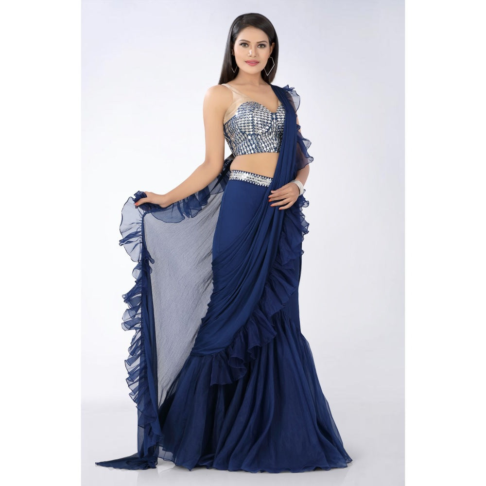 Asaga Navy Blue Embroidered Stitched Blouse Organza Pre Draped Saree with Belt (Set of 4)