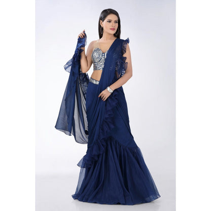 Asaga Navy Blue Embroidered Stitched Blouse Organza Pre Draped Saree with Belt (Set of 4)