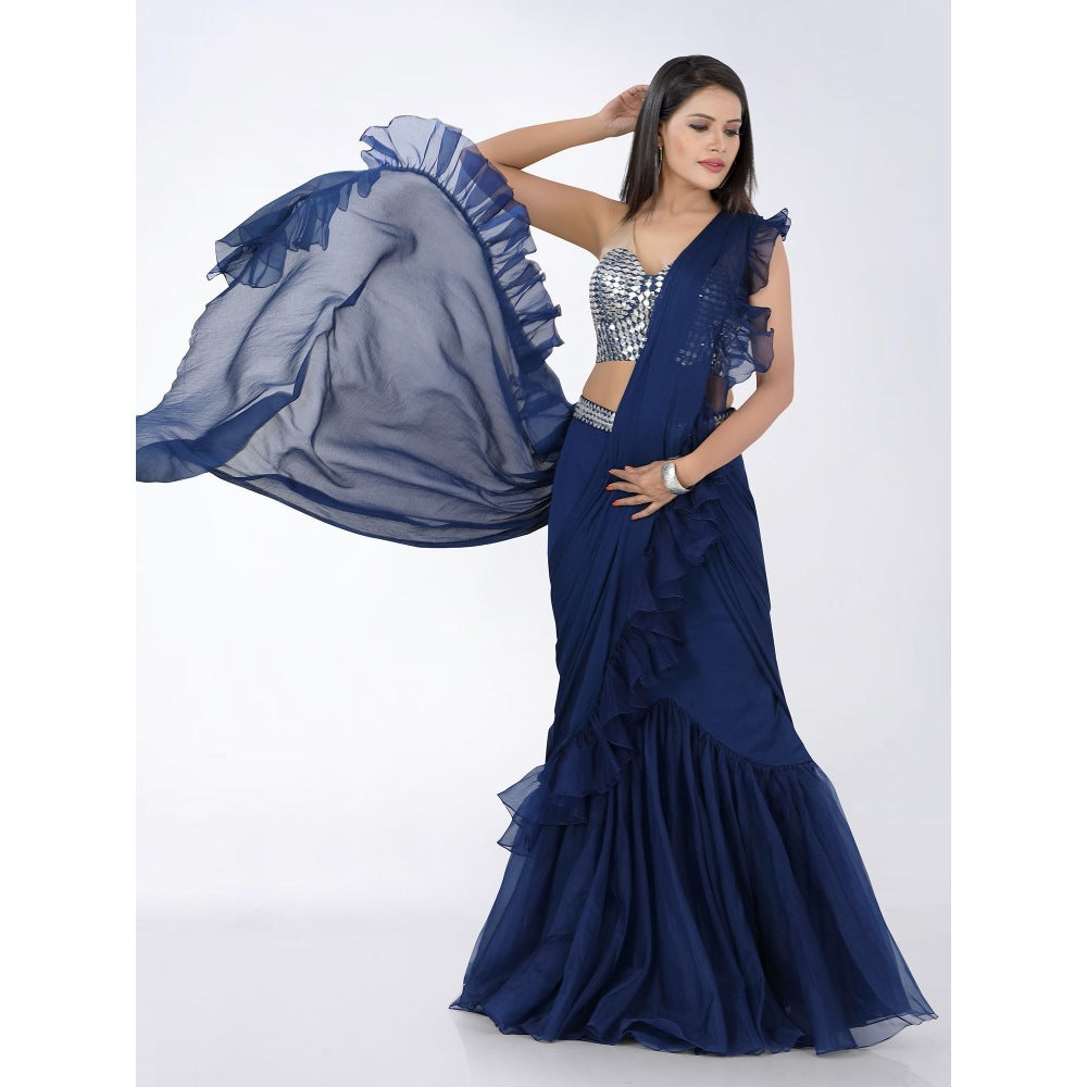 Asaga Navy Blue Embroidered Stitched Blouse Organza Pre Draped Saree with Belt (Set of 4)
