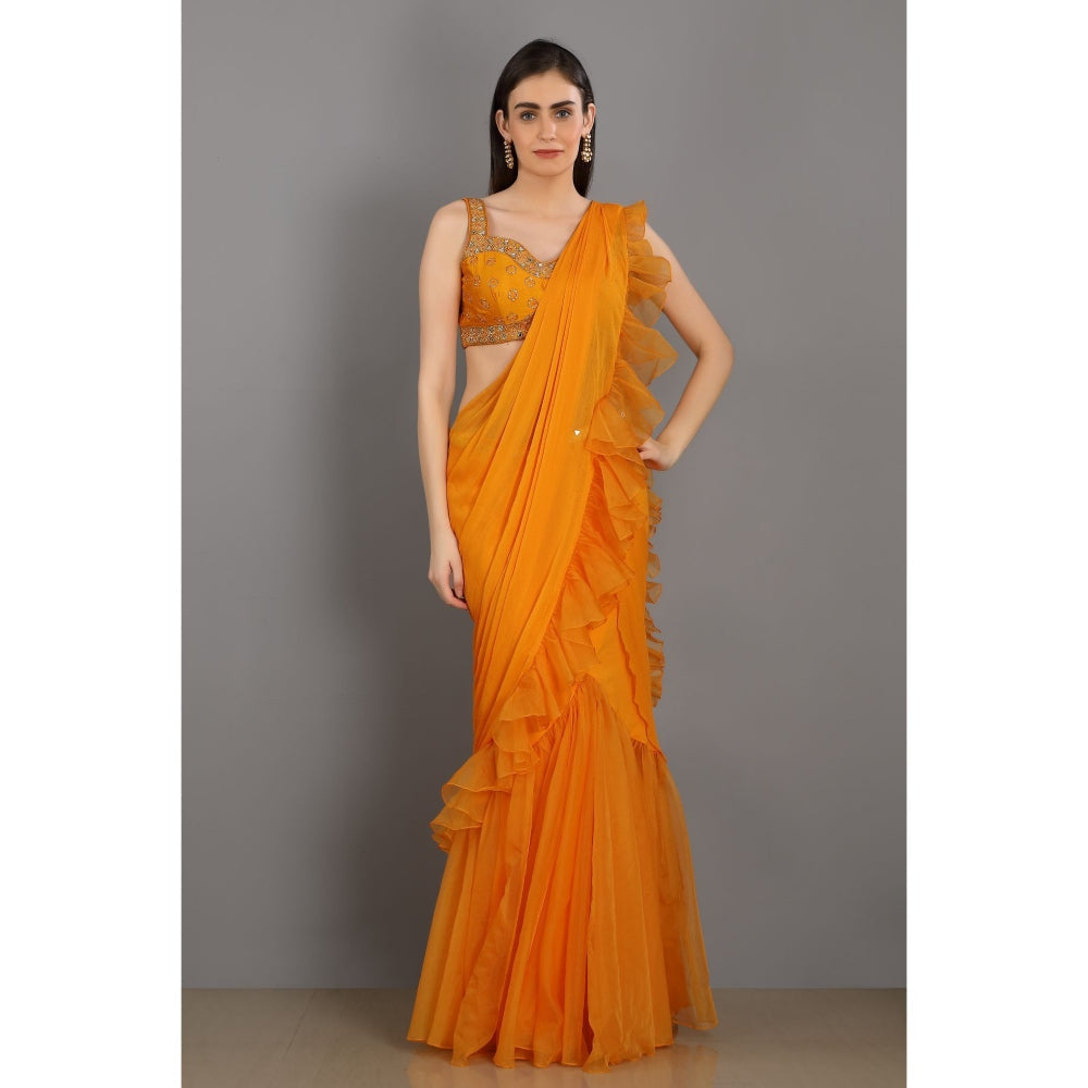 Asaga Orange Embroidered Silk Stitched Blouse with Frill Organza Pre Draped Saree