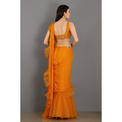 Asaga Orange Embroidered Silk Stitched Blouse with Frill Organza Pre Draped Saree