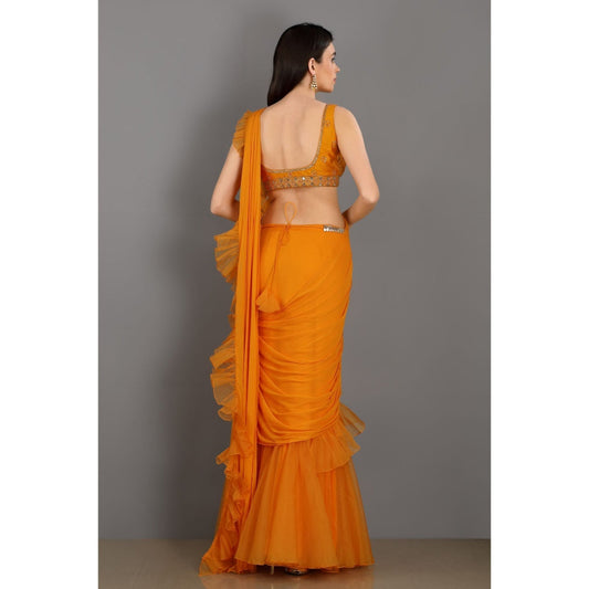 Asaga Orange Embroidered Silk Stitched Blouse with Frill Organza Pre Draped Saree