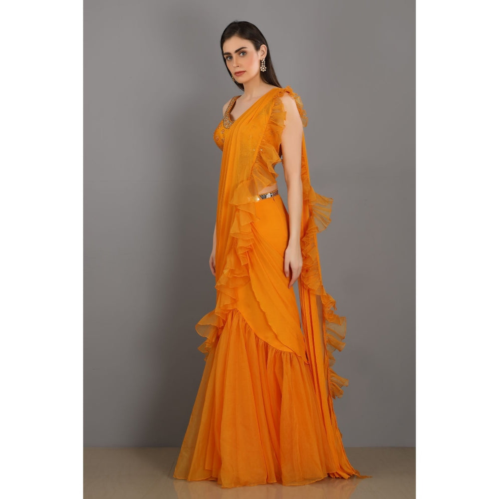 Asaga Orange Embroidered Silk Stitched Blouse with Frill Organza Pre Draped Saree