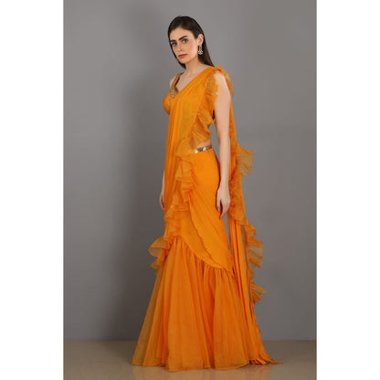 Asaga Orange Embroidered Silk Stitched Blouse with Frill Organza Pre Draped Saree