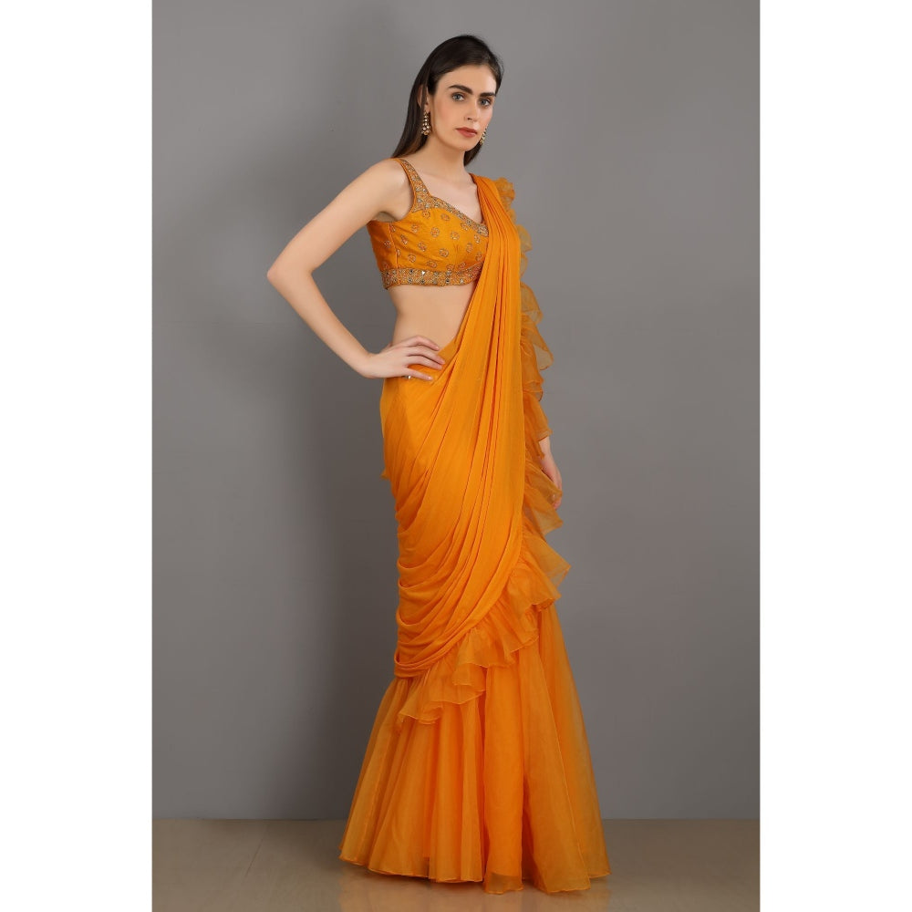 Asaga Orange Embroidered Silk Stitched Blouse with Frill Organza Pre Draped Saree