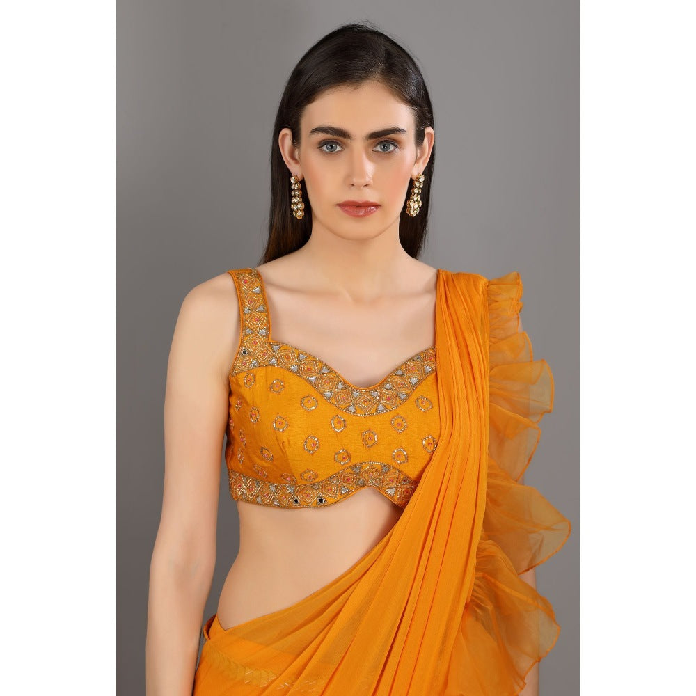 Asaga Orange Embroidered Silk Stitched Blouse with Frill Organza Pre Draped Saree