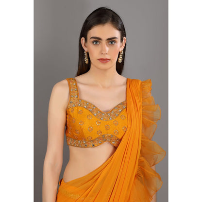 Asaga Orange Embroidered Silk Stitched Blouse with Frill Organza Pre Draped Saree