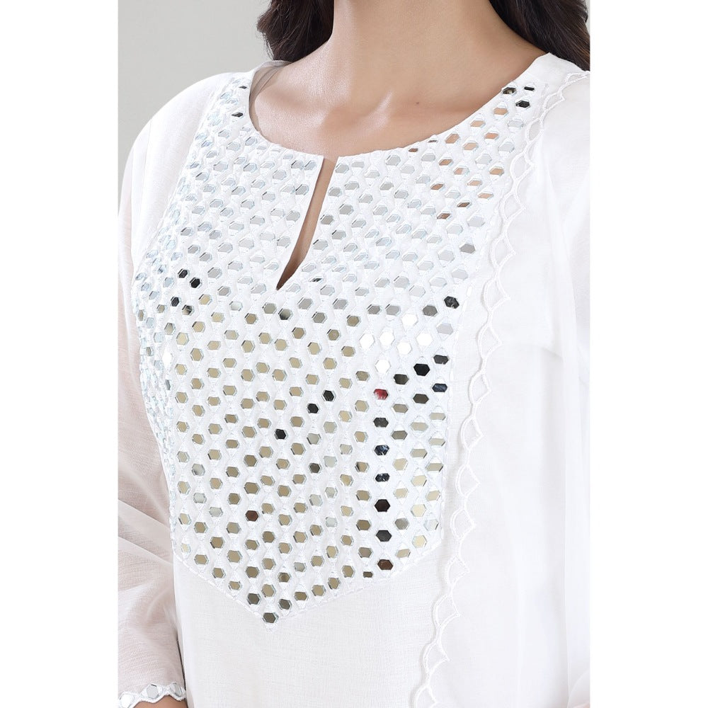 Asaga Sheesha White Mirror Embroidered Chanderi Kurta with Pants and Dupatta (Set of 3)