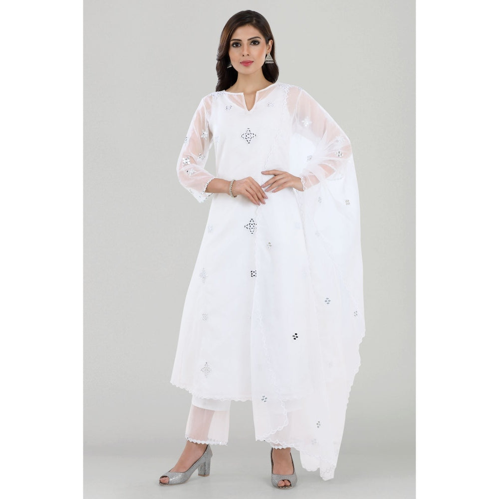 Asaga Ravhiya White Organza Mirror Embroidered Kurta with Pants and Dupatta (Set of 4)