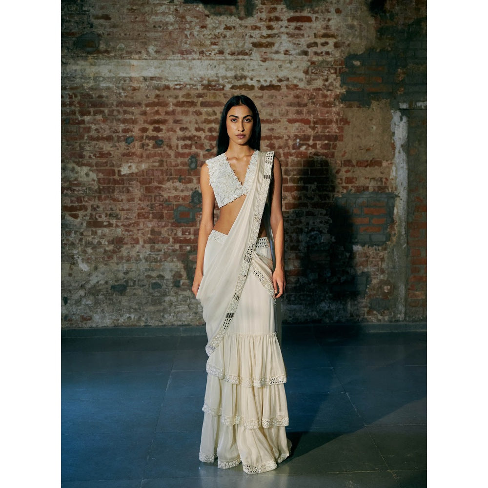 Asaga Ivory Florz Satin Organza Drape Saree with Stitched Blouse