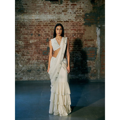Asaga Ivory Florz Satin Organza Drape Saree with Stitched Blouse