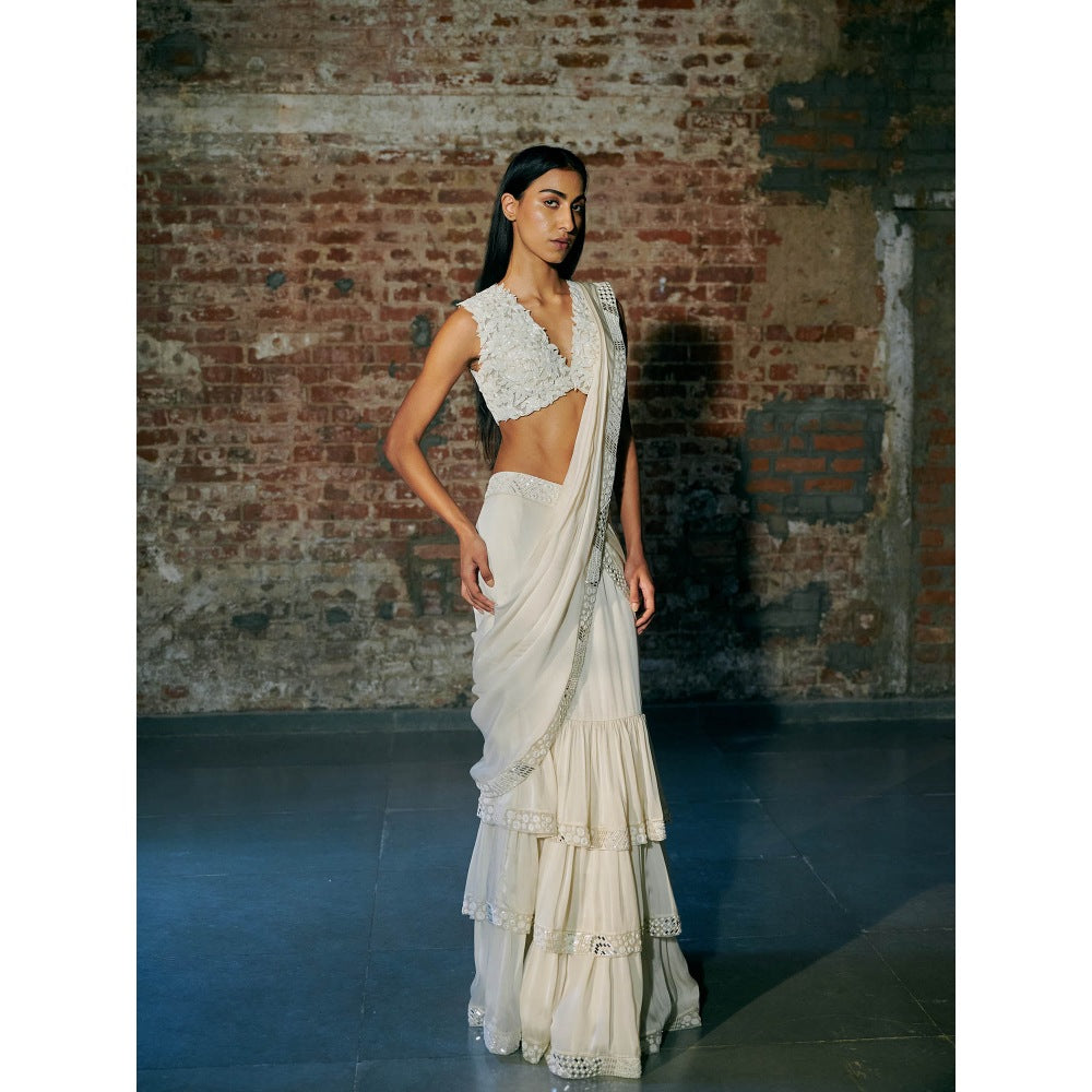 Asaga Ivory Florz Satin Organza Drape Saree with Stitched Blouse