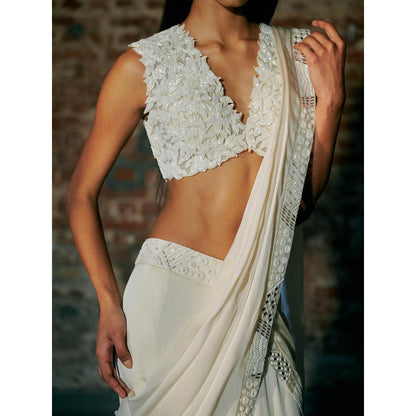 Asaga Ivory Florz Satin Organza Drape Saree with Stitched Blouse
