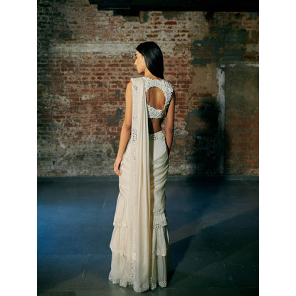 Asaga Ivory Florz Satin Organza Drape Saree with Stitched Blouse