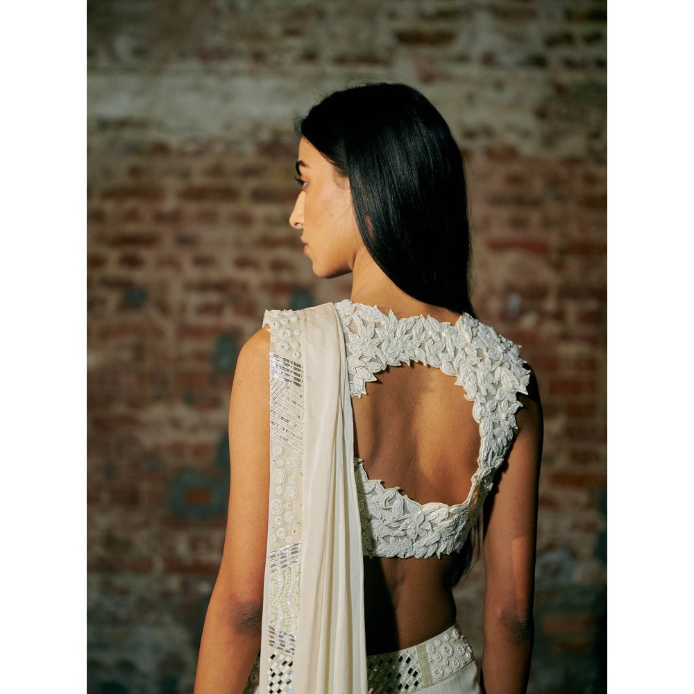 Asaga Ivory Florz Satin Organza Drape Saree with Stitched Blouse