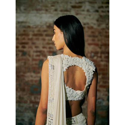 Asaga Ivory Florz Satin Organza Drape Saree with Stitched Blouse