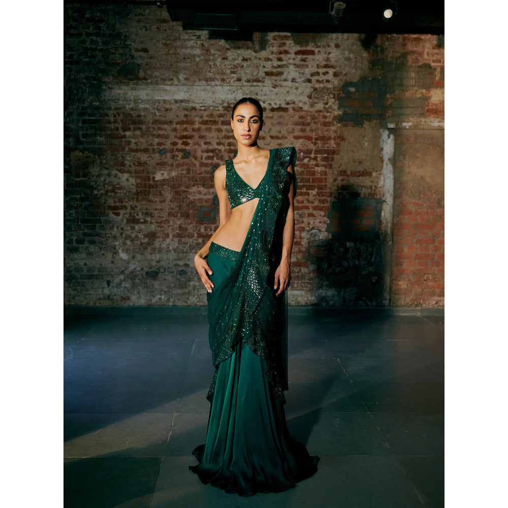 Asaga Green Wave E.G Satin Organza Drape Saree with Stitched Blouse