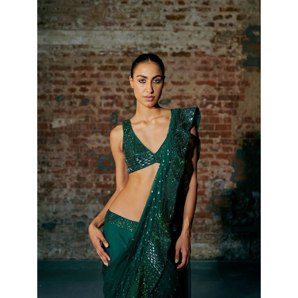 Asaga Green Wave E.G Satin Organza Drape Saree with Stitched Blouse