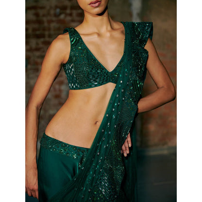 Asaga Green Wave E.G Satin Organza Drape Saree with Stitched Blouse