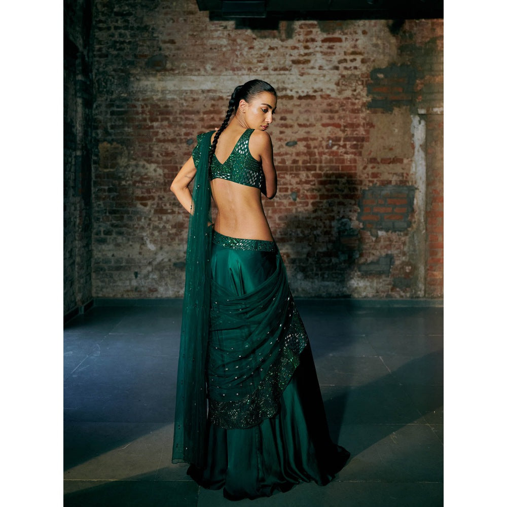 Asaga Green Wave E.G Satin Organza Drape Saree with Stitched Blouse