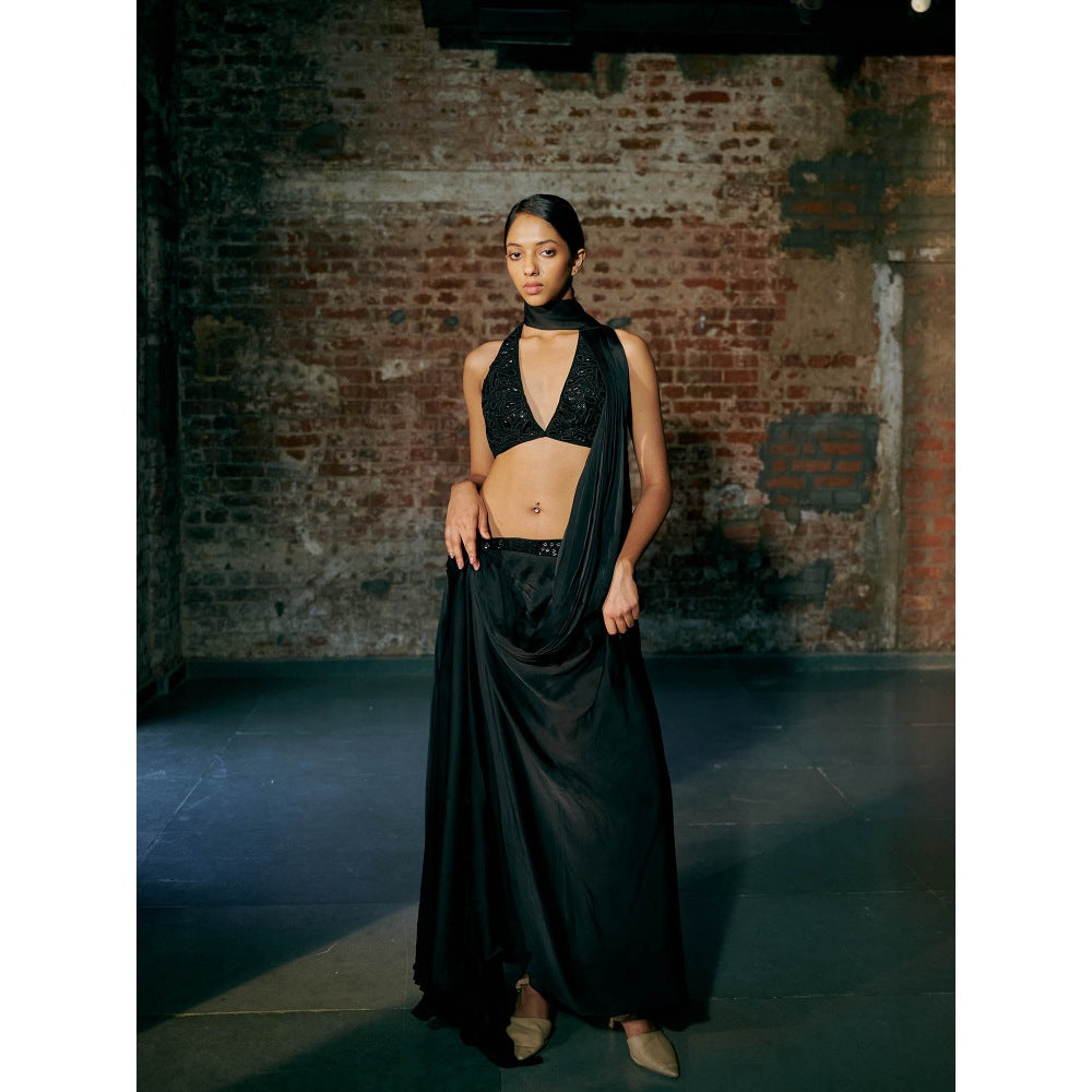 Asaga Chemy Green Satin Organza Drape Saree with Stitched Blouse