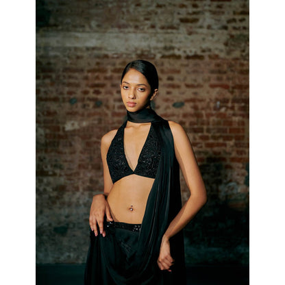 Asaga Chemy Green Satin Organza Drape Saree with Stitched Blouse