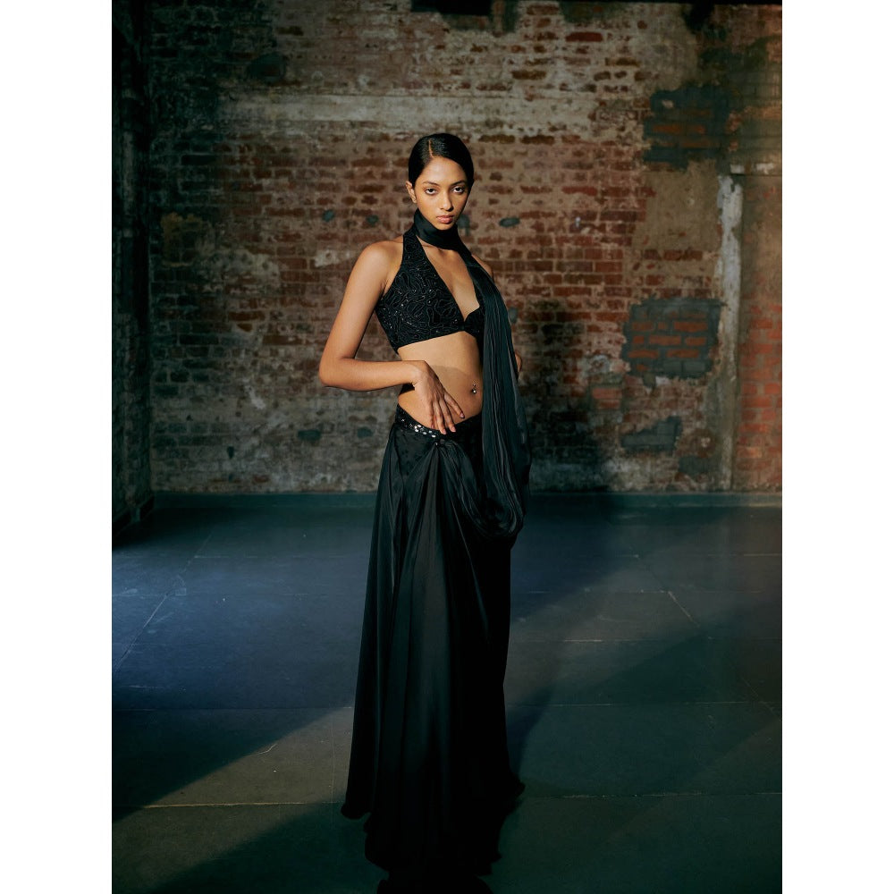 Asaga Chemy Green Satin Organza Drape Saree with Stitched Blouse