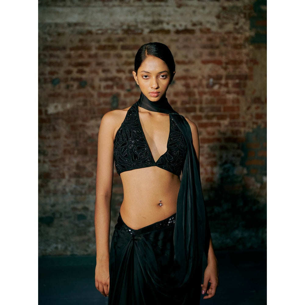 Asaga Chemy Green Satin Organza Drape Saree with Stitched Blouse