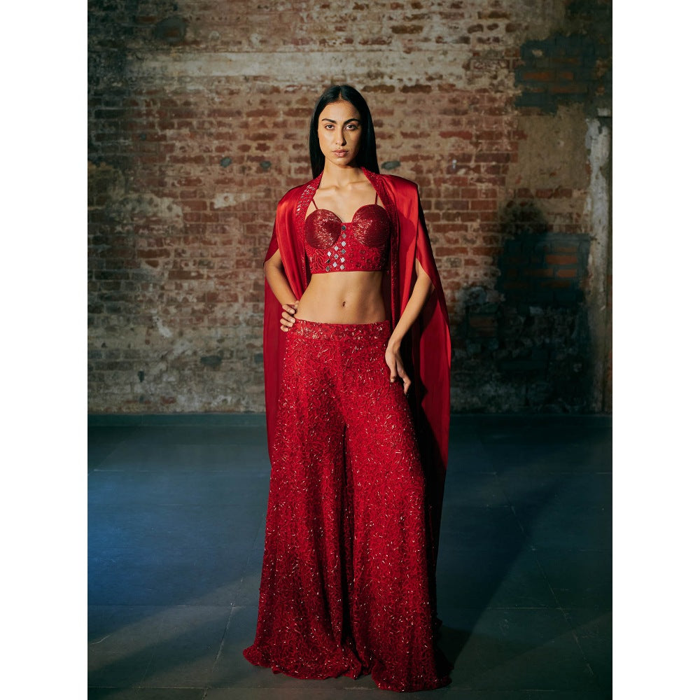 Asaga Red Opus Blouse with Sharara and Cape (Set of 3)