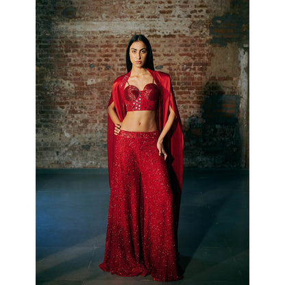Asaga Red Opus Blouse with Sharara and Cape (Set of 3)