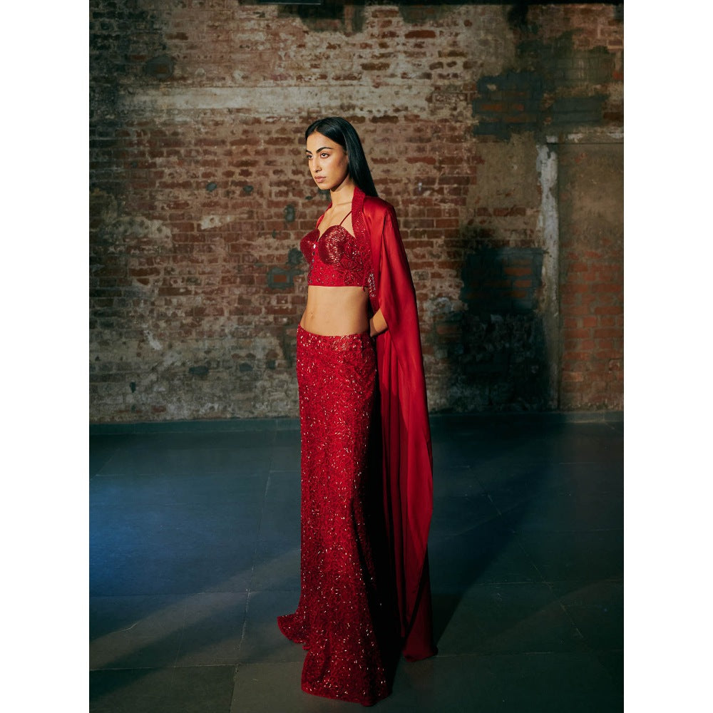 Asaga Red Opus Blouse with Sharara and Cape (Set of 3)
