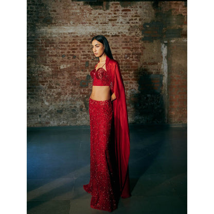 Asaga Red Opus Blouse with Sharara and Cape (Set of 3)